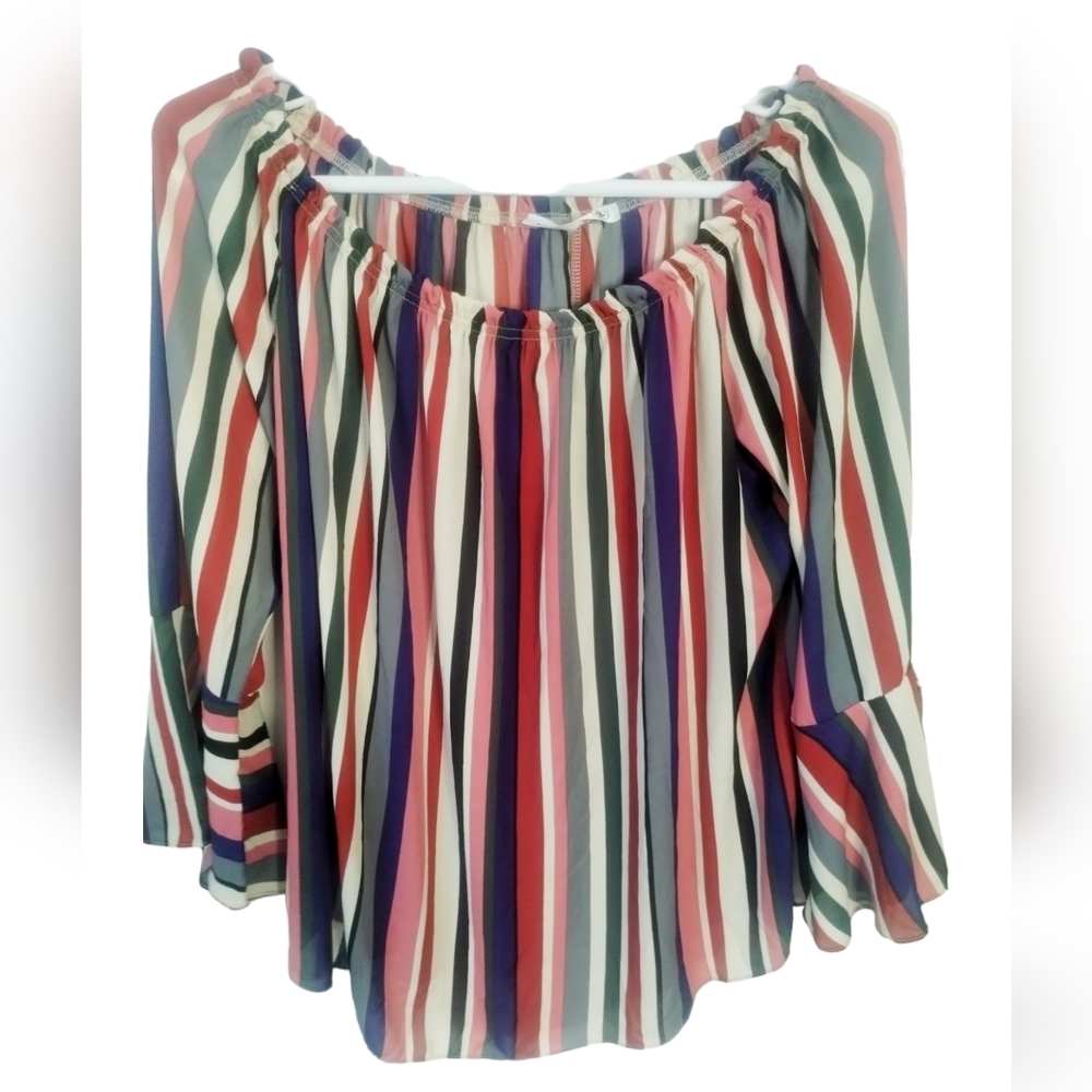 KIKI LARUE‎ Off the Shoulder Multi Striped Bell Sleeve Top Plus Size 2X Sheer